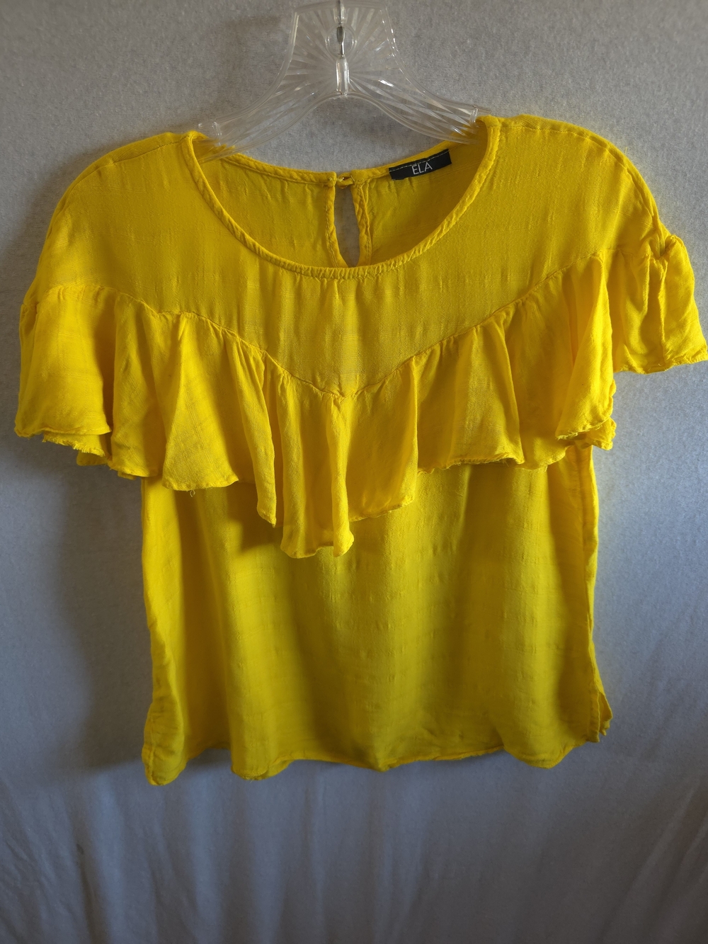 ELA Bright Yellow Ruffle Front Short Sleeve Blouse
